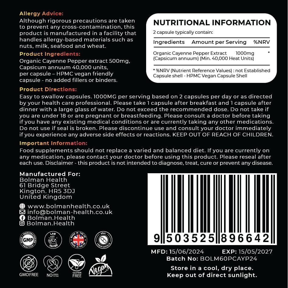 Cayenne Pepper | 30 Day Supply | Pure & Organic | 60 HPMC Vegan Friendly Capsules | Organic Cayenne Pepper | 500MG Capsules | Digestive, Circulatory, Inflammation, Digestion | Made in the UK