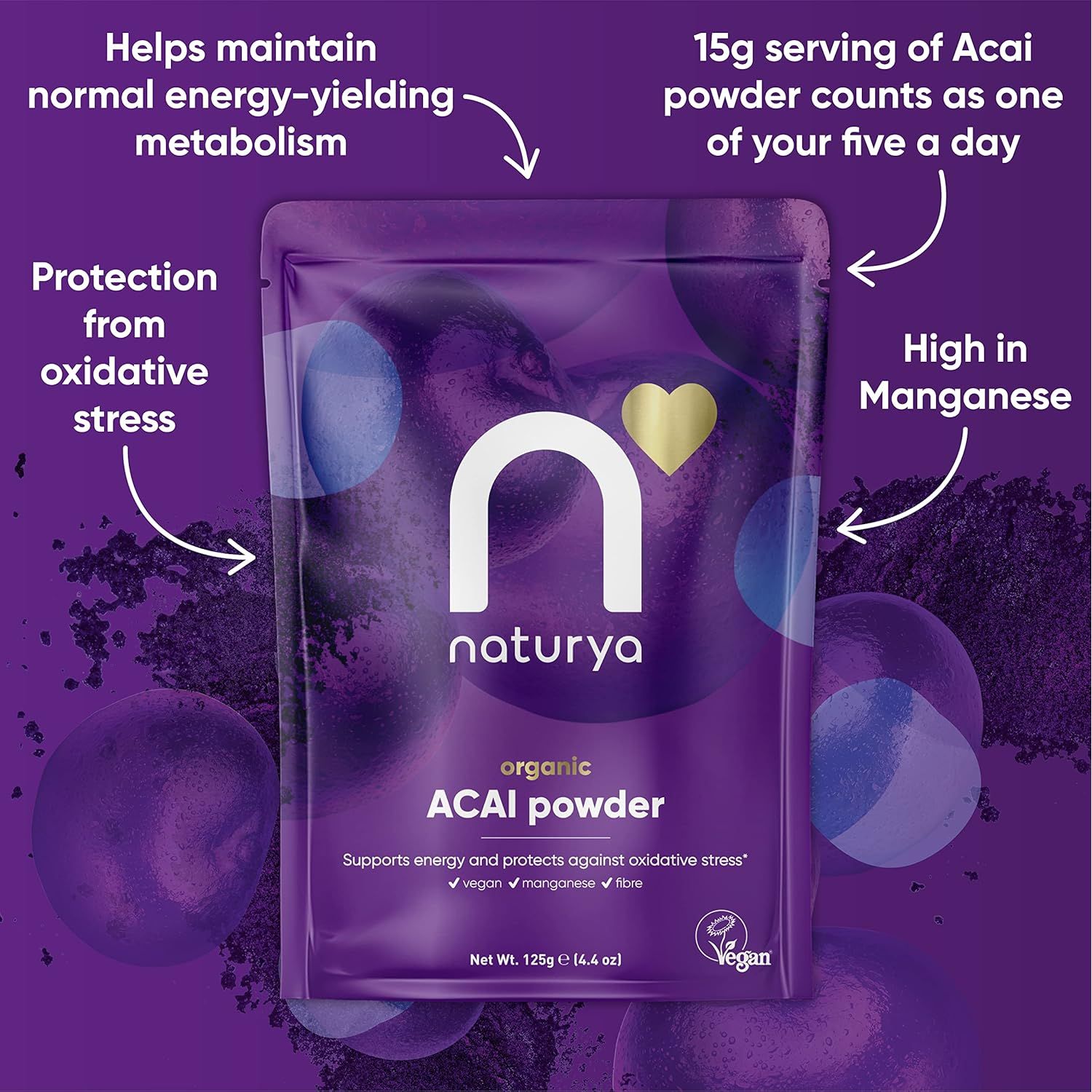 Naturya Organic Açaí Powder - Wild-Harvested from Amazonian Açaí Palms, Rich in Manganese & Vitamin A, High in Fibre, Antioxidant Superfood, Gluten-Free, Vegan - 125G Pouch