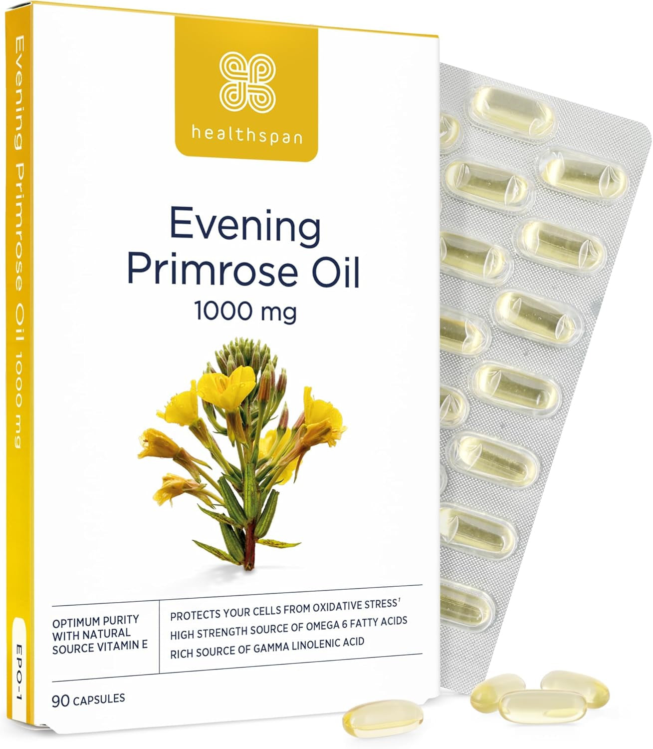 Healthspan Evening Primrose Oil | Support Women'S Health | Helps Maintain Hormonal Balance | Rich Source of Omega 6 Fatty Acids | Added Vitamin E | Vegan (90 Capsules, 1,000Mg)