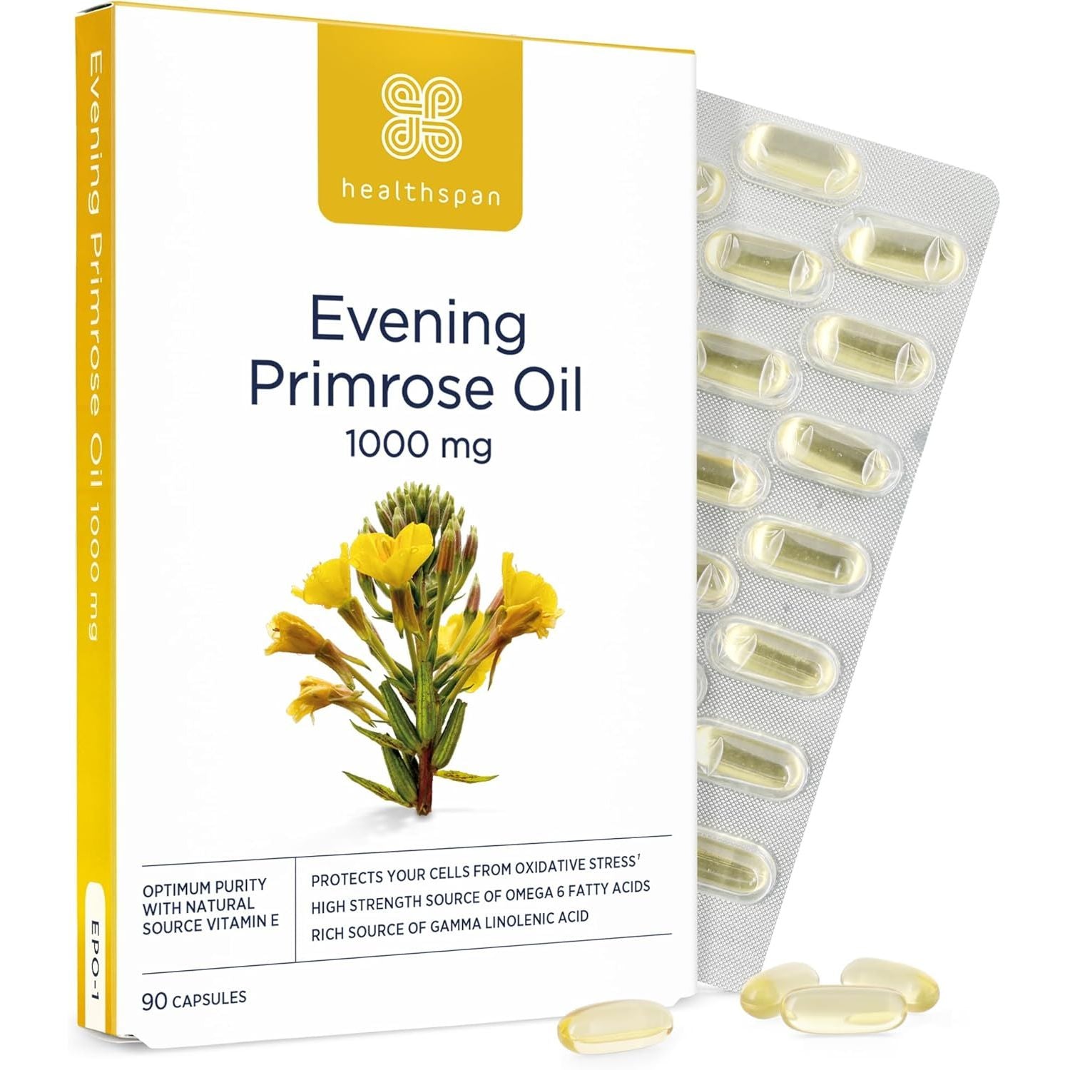 Healthspan Evening Primrose Oil | Support Women'S Health | Helps Maintain Hormonal Balance | Rich Source of Omega 6 Fatty Acids | Added Vitamin E | Vegan (90 Capsules, 1,000Mg)