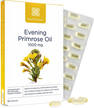 Healthspan Evening Primrose Oil | Support Women'S Health | Helps Maintain Hormonal Balance | Rich Source of Omega 6 Fatty Acids | Added Vitamin E | Vegan (90 Capsules, 1,000Mg)