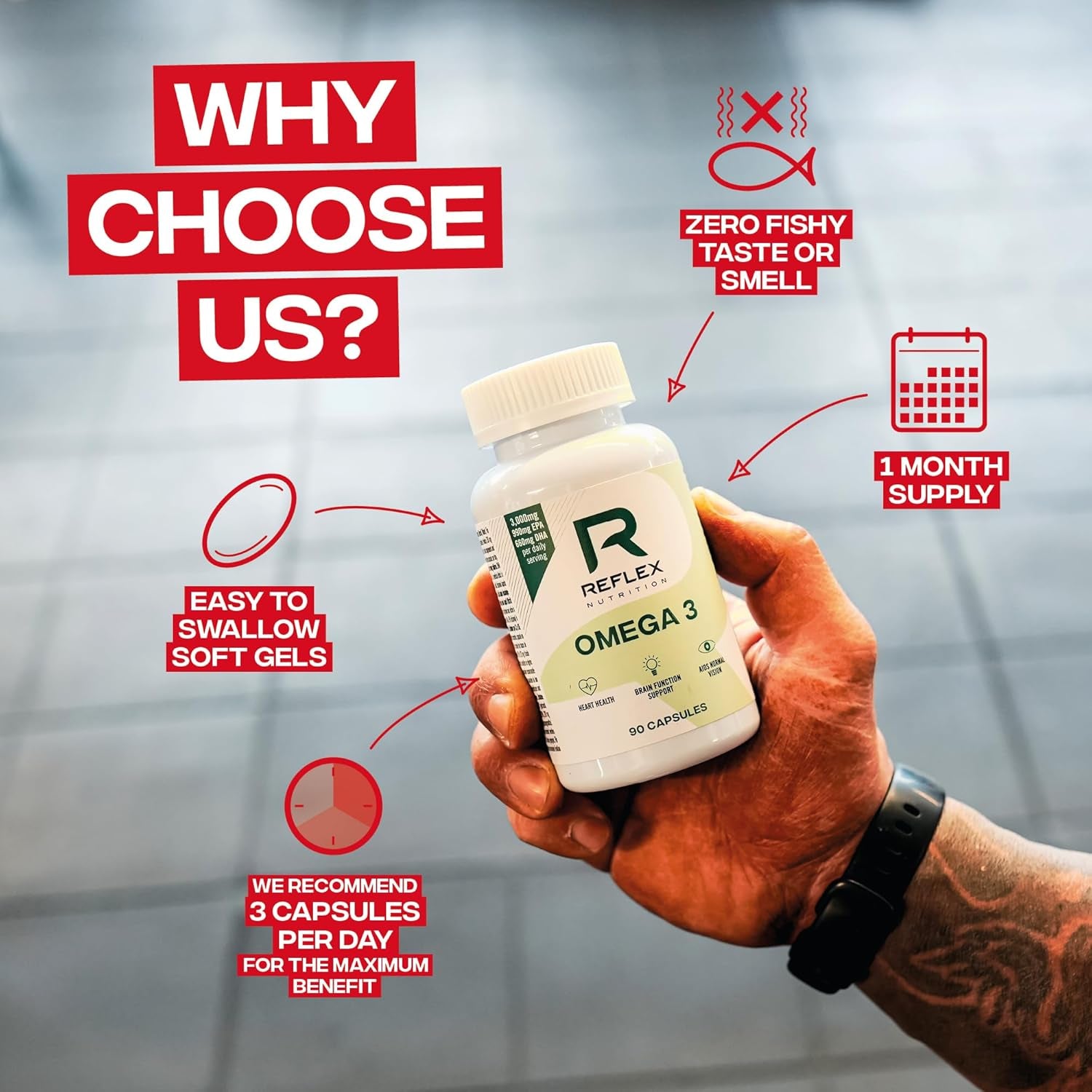 Reflex Nutrition Omega 3 - Omega 3 Capsules High Strength: 1000Mg Fish Oil Supplement with 330Mg EPA & 220Mg DHA - Support Heart Health & Brain Function - Maintain Normal Blood Pressure (90 Capsules)