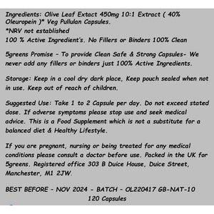 Olive Leaf Extract (Non-Gmo) Super Strength: 40% Oleuropein - 450Mg 10:1 Strength Equivalent to 4500Mg per Capsule - Vegetarian - No Oil -120 Capsules