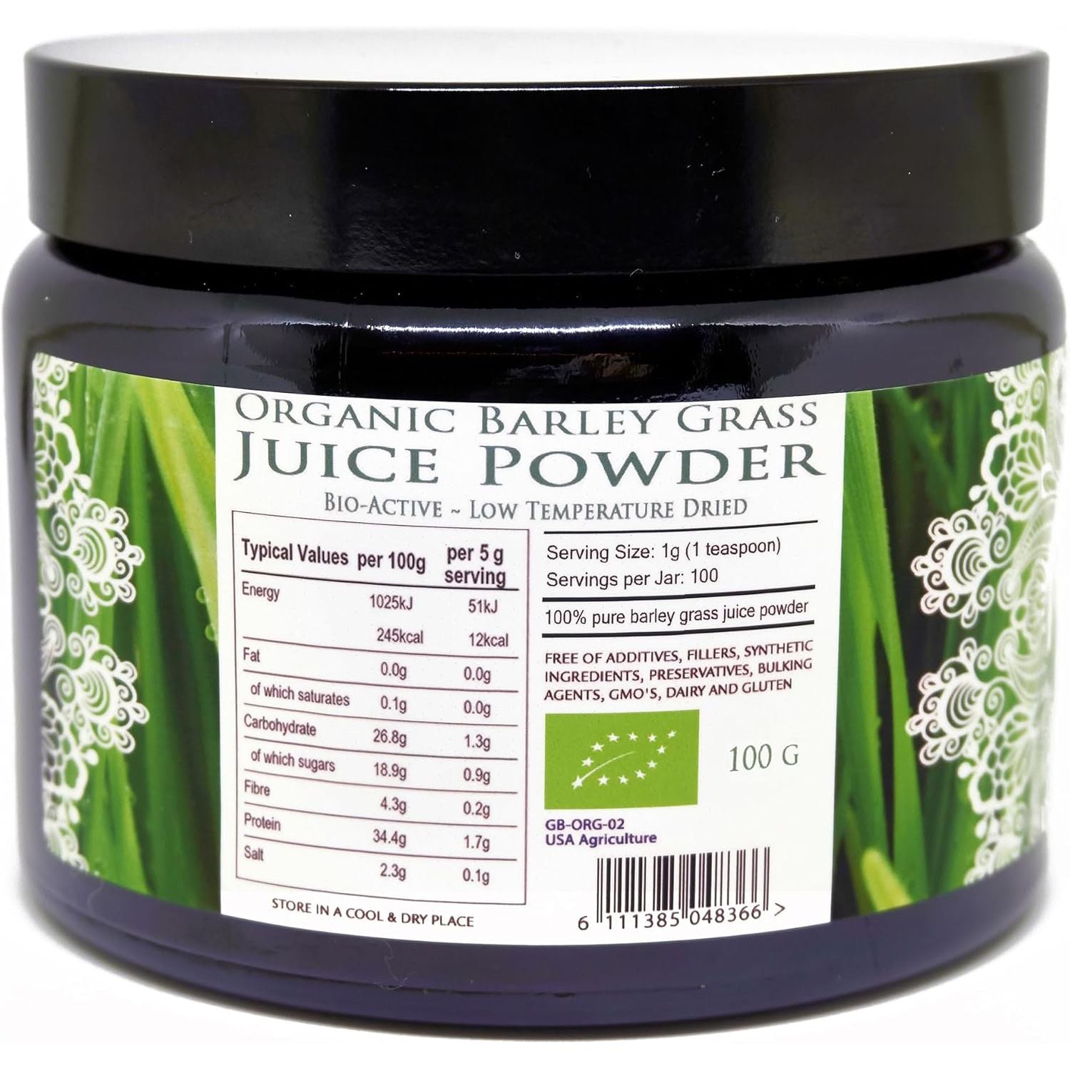 Na'Vi Organics Raw Barley Grass Juice Powder - Premium Grade, Organic Certified Powder Wholefood Supplement, 100 G