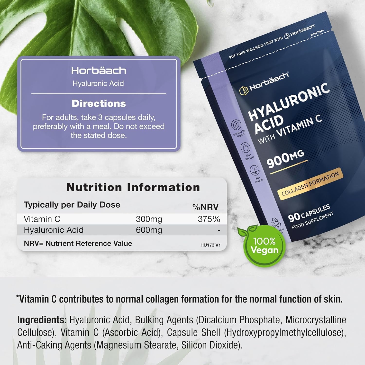 Hyaluronic Acid Supplement 900Mg | 90 Vegan Capsules | High Strength Bioavailable Formula with Vitamin C | by Horbaach