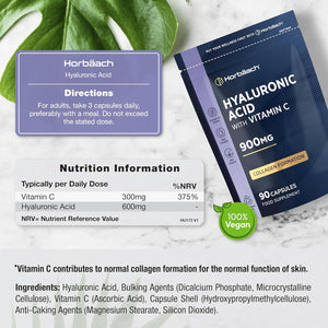 Hyaluronic Acid Supplement 900Mg | 90 Vegan Capsules | High Strength Bioavailable Formula with Vitamin C | by Horbaach