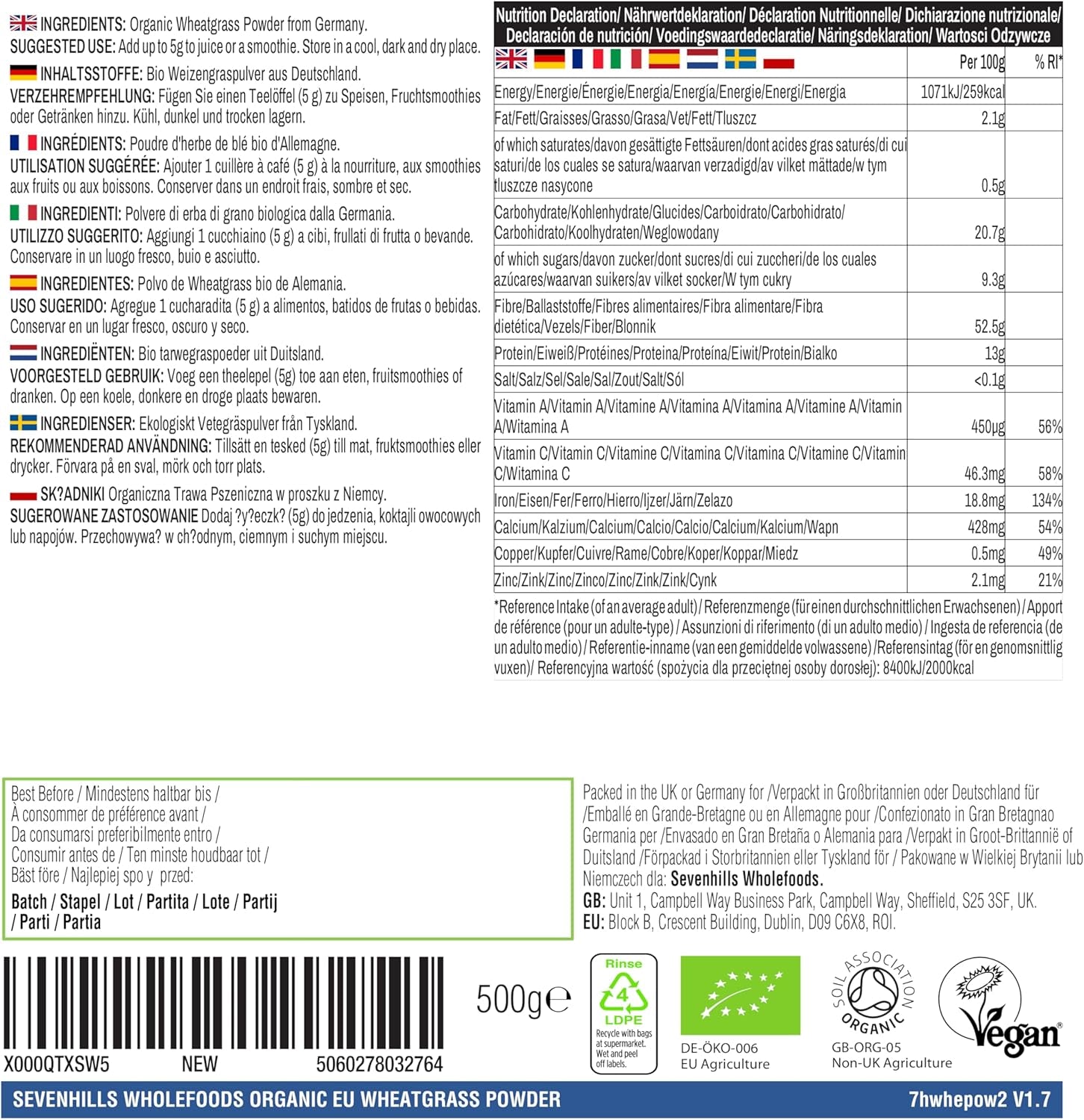 Sevenhills Wholefoods Organic Wheatgrass Powder, European (EU) 500G | Cultivated in Europe | High in Vitamin C and Iron