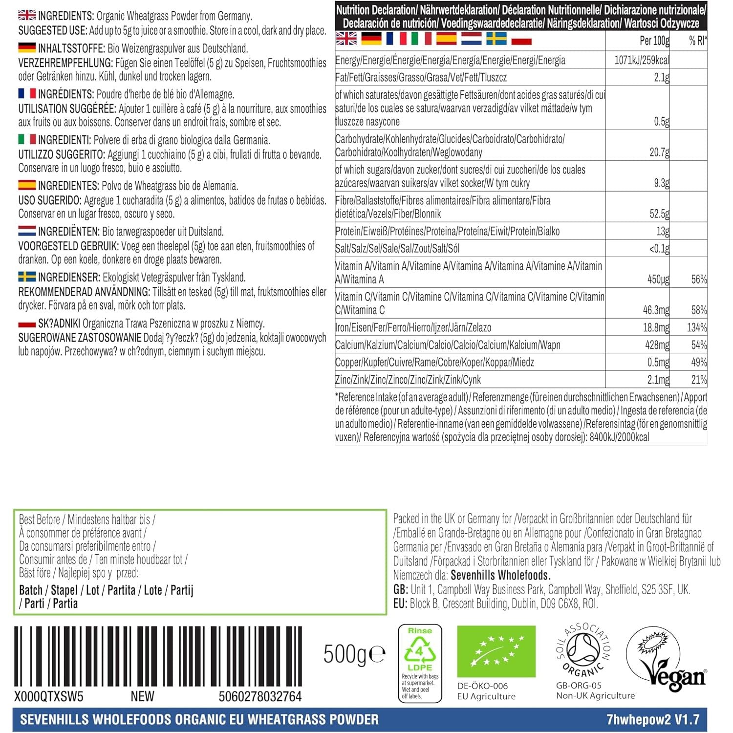 Sevenhills Wholefoods Organic Wheatgrass Powder, European (EU) 500G | Cultivated in Europe | High in Vitamin C and Iron