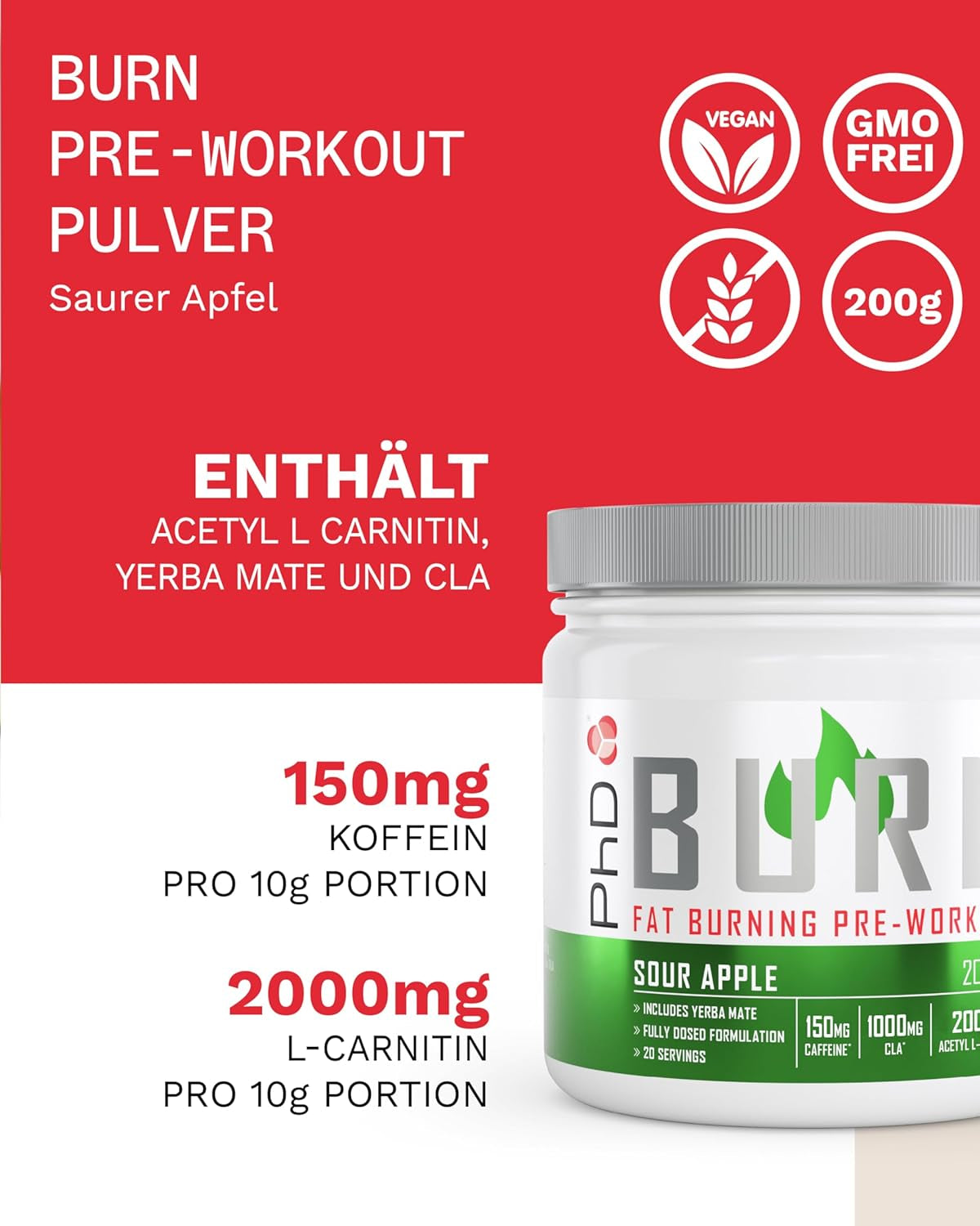Phd Burn Pre Workout Powder with L Carnitine for Women and Men, Rich in CLA, High Caffeine for Pre-Workout, Sour Apple Flavour, 20 Servings (200G)