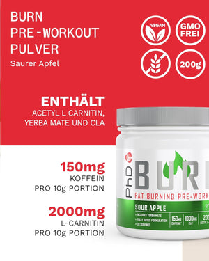 Phd Burn Pre Workout Powder with L Carnitine for Women and Men, Rich in CLA, High Caffeine for Pre-Workout, Sour Apple Flavour, 20 Servings (200G)