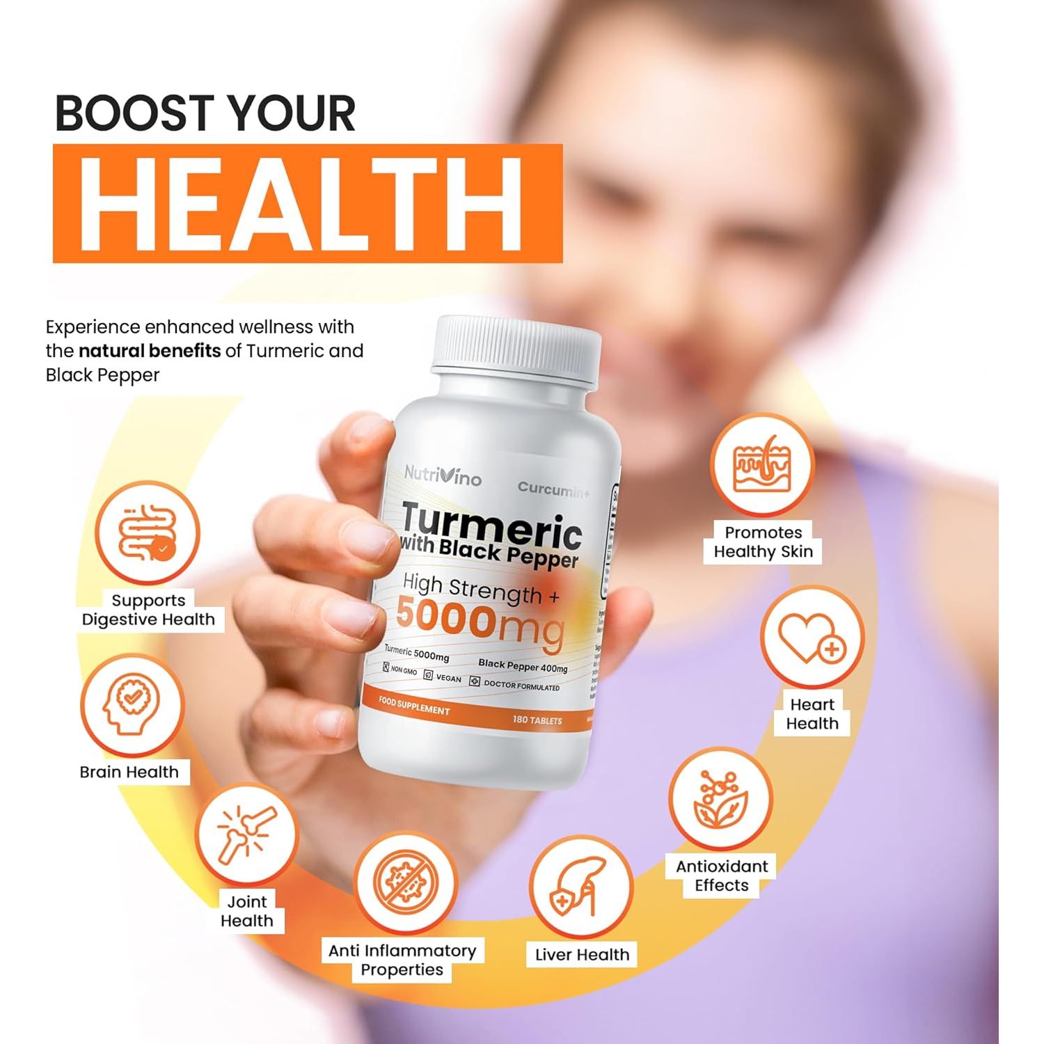 Turmeric Tablets 5000Mg with Black Pepper | 95% Curcumin Extract | 180 Easy to Swallow Tiny Turmeric and Black Pepper Tablets | Vegan & Cruelty-Free | Supplements for Men and Women by Nutrivino