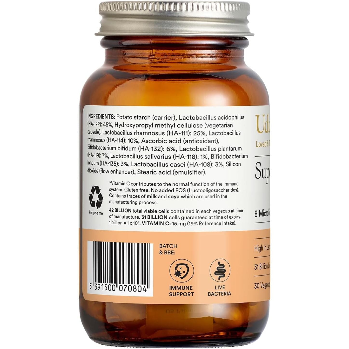 High Strength Probiotics – Udo'S Choice Super 8 Immune – 42 Billion Cell Count with Vitamin C for Immune Support – 8 Human-Adapted Strains – Gut & Digestive Health – 30 Capsules