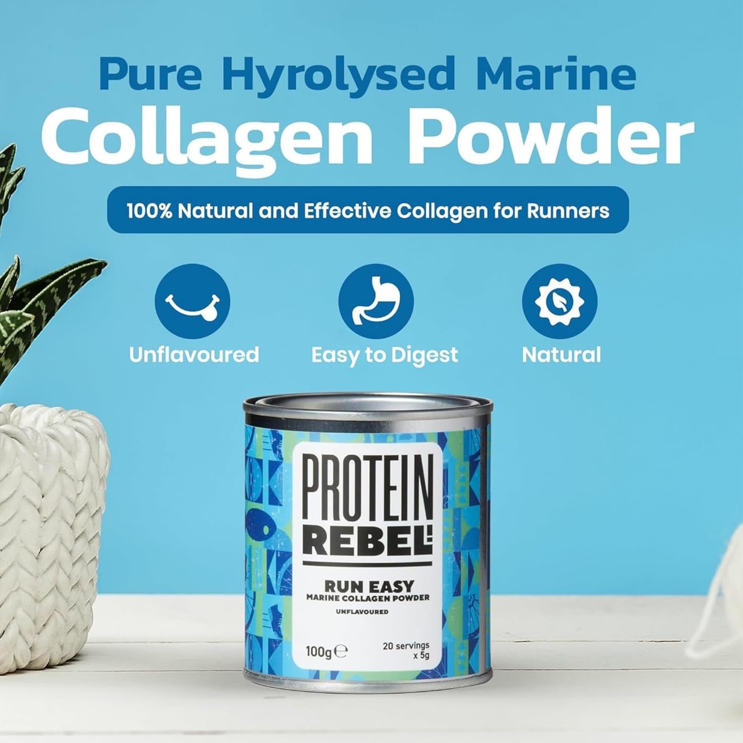 Marine Collagen Powder - No Aftertaste, 20 Servings of Pure Collagen - Hydrolysed Marine Collagen Supplements for Running Nutrition, Joints, Skin, Hair & Nails - Run Easy by Protein Rebel (20 Uses)