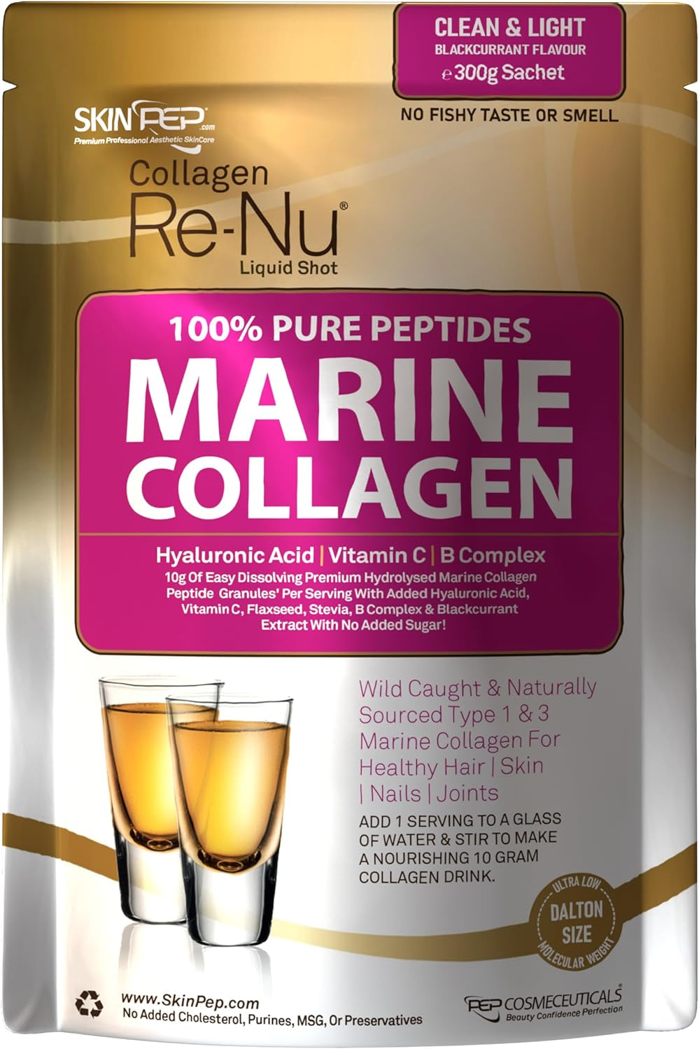 Premium Hydrolysed Marine Collagen Peptide Powder + VIT C, B Complex Hyaluronic Acid, & Stevia. Clean Light Taste/No Fishy Smell - Skinpep Collagen Re-Nu 300G - 30 Days Supply