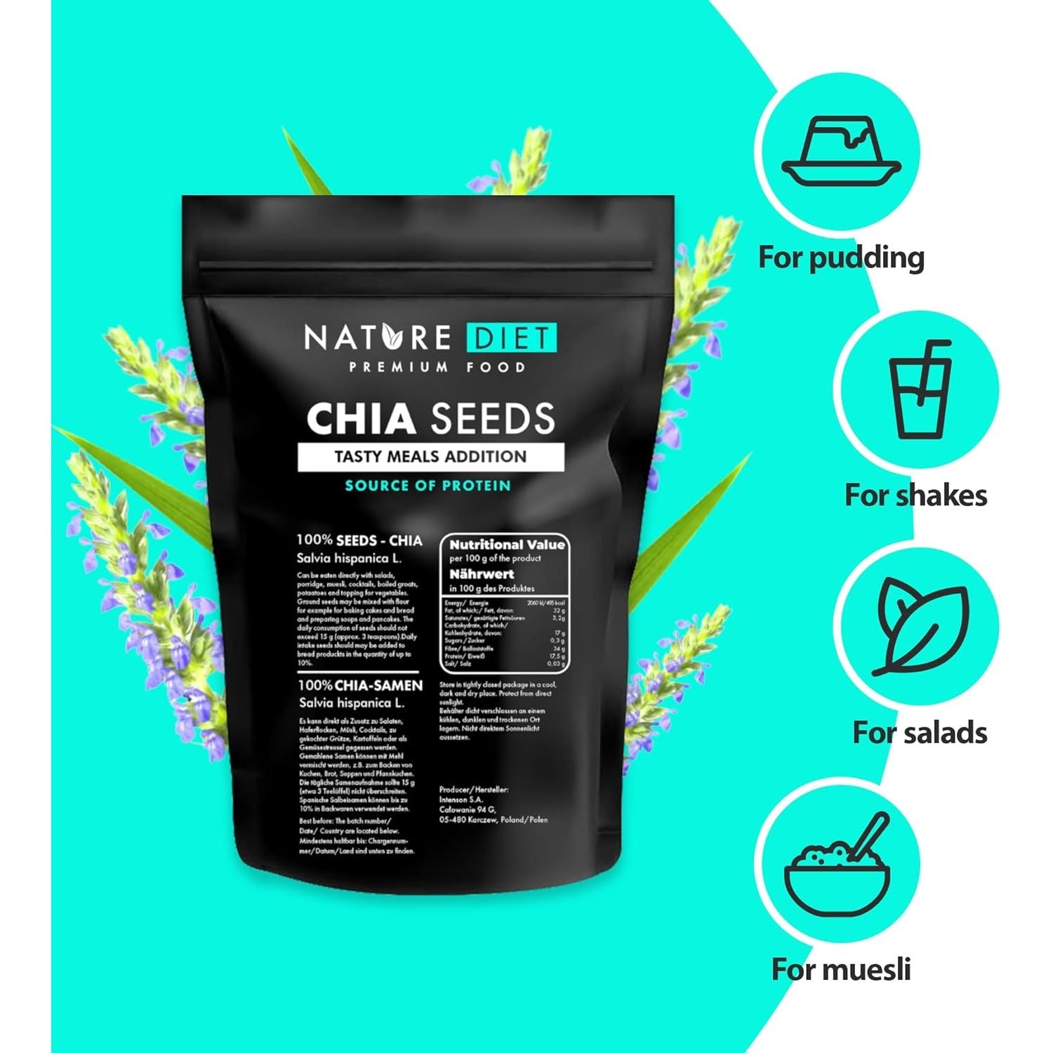 Nature Diet - Chia Seeds 2X 1000 G | Salvia Hispanica | High in Omega-3 | Source of Fiber