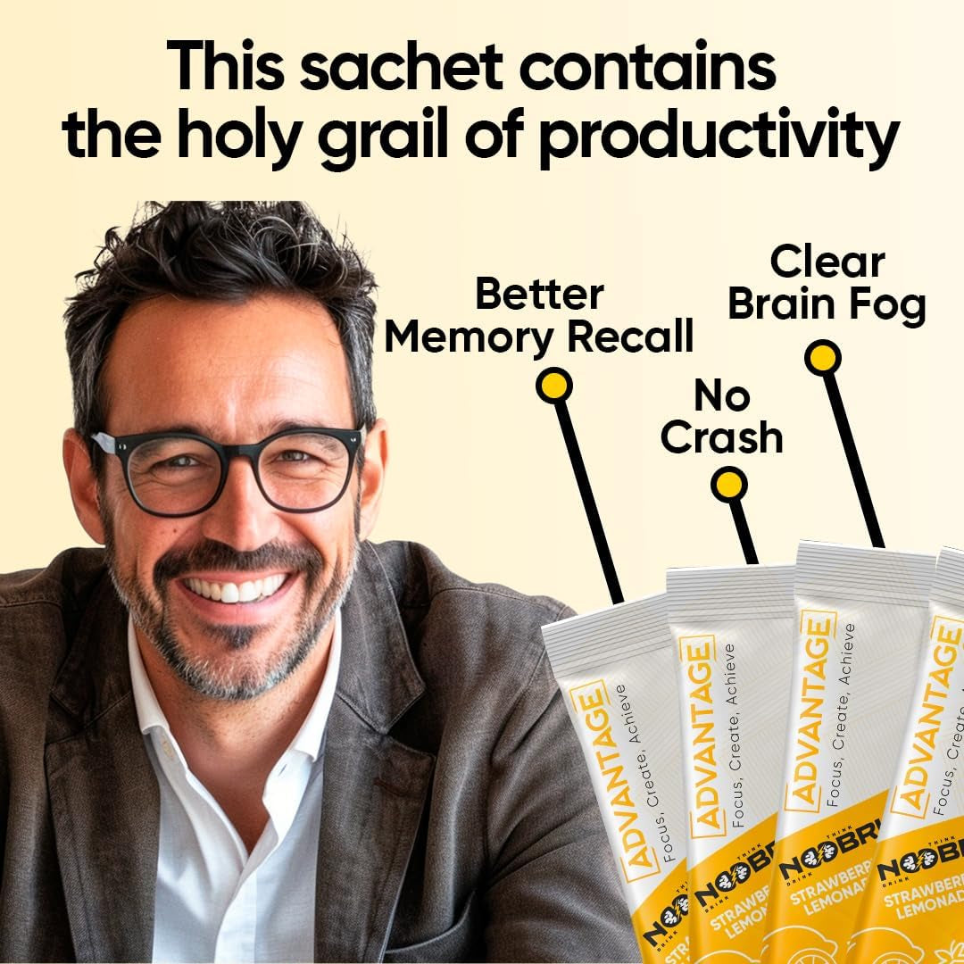 Noobru Аdvantage Nootropic - Delicious Nootropics Brain Supplement with 11 Active Ingredients - Natural Cognitive Enhancer - 20 Strawberry Lemonade Sachets - 1 Month Supply, 20 Count (Pack of 1)