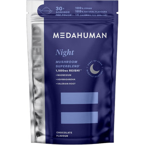 MEDAHUMAN® Night | Reishi Mushroom Powder (30 Servings) | Adaptogen Superblend Mushroom Supplement with Ashwagandha Powder, Valerian Root and Magnesium for a More Relaxed Sleep | Chocolate Flavour