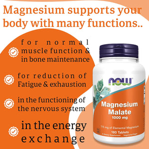 Now Foods, Magnesium Malate, 1,000Mg, 180 Vegan Tablets, Lab-Tested, Gluten Free, Soy Free, Vegetarian