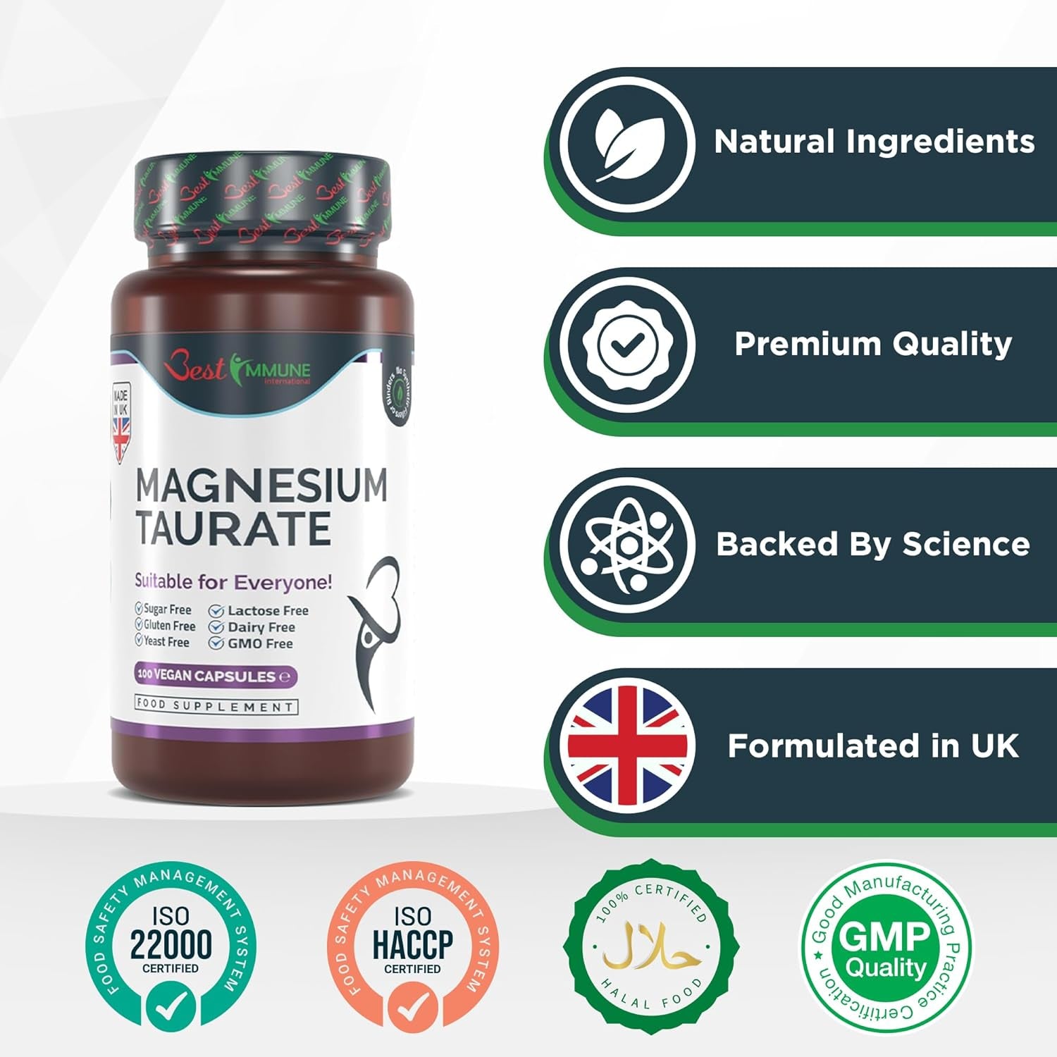 Best Immune, Magnesium Taurate 500Mg Supplement - Strength Balanced Formula for Absorption, Bioavailability, Support Energy & Muscle Function, for Men Women, 500 Mg 100 Capsules, 100 Days Supply