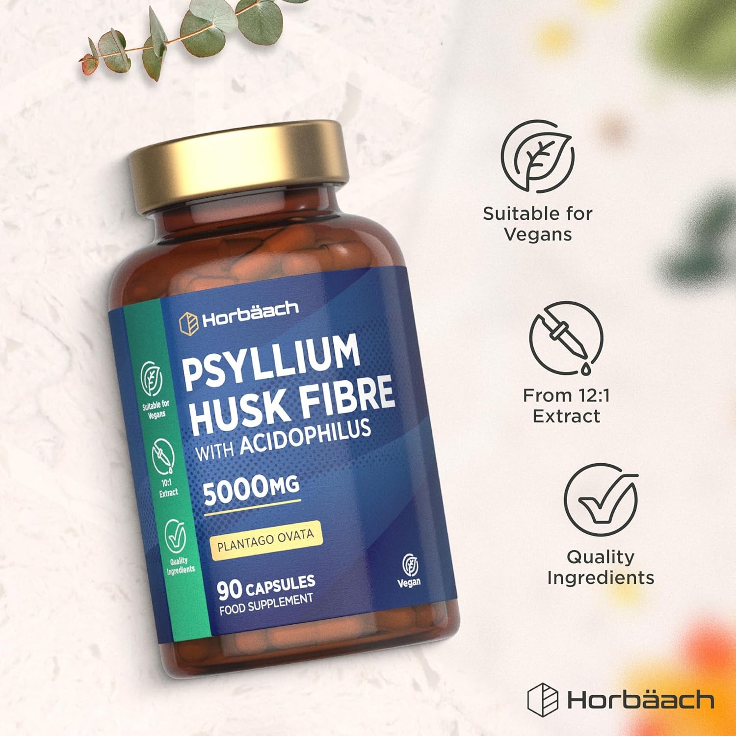 Psyllium Husk Capsules 5000Mg with Acidophilus | Natural Soluble Fibre Supplement with Probio | Plantago Ovata Seed Husk Extract | 90 Vegan Capsules | by Horbaach