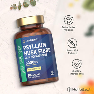 Psyllium Husk Capsules 5000Mg with Acidophilus | Natural Soluble Fibre Supplement with Probio | Plantago Ovata Seed Husk Extract | 90 Vegan Capsules | by Horbaach