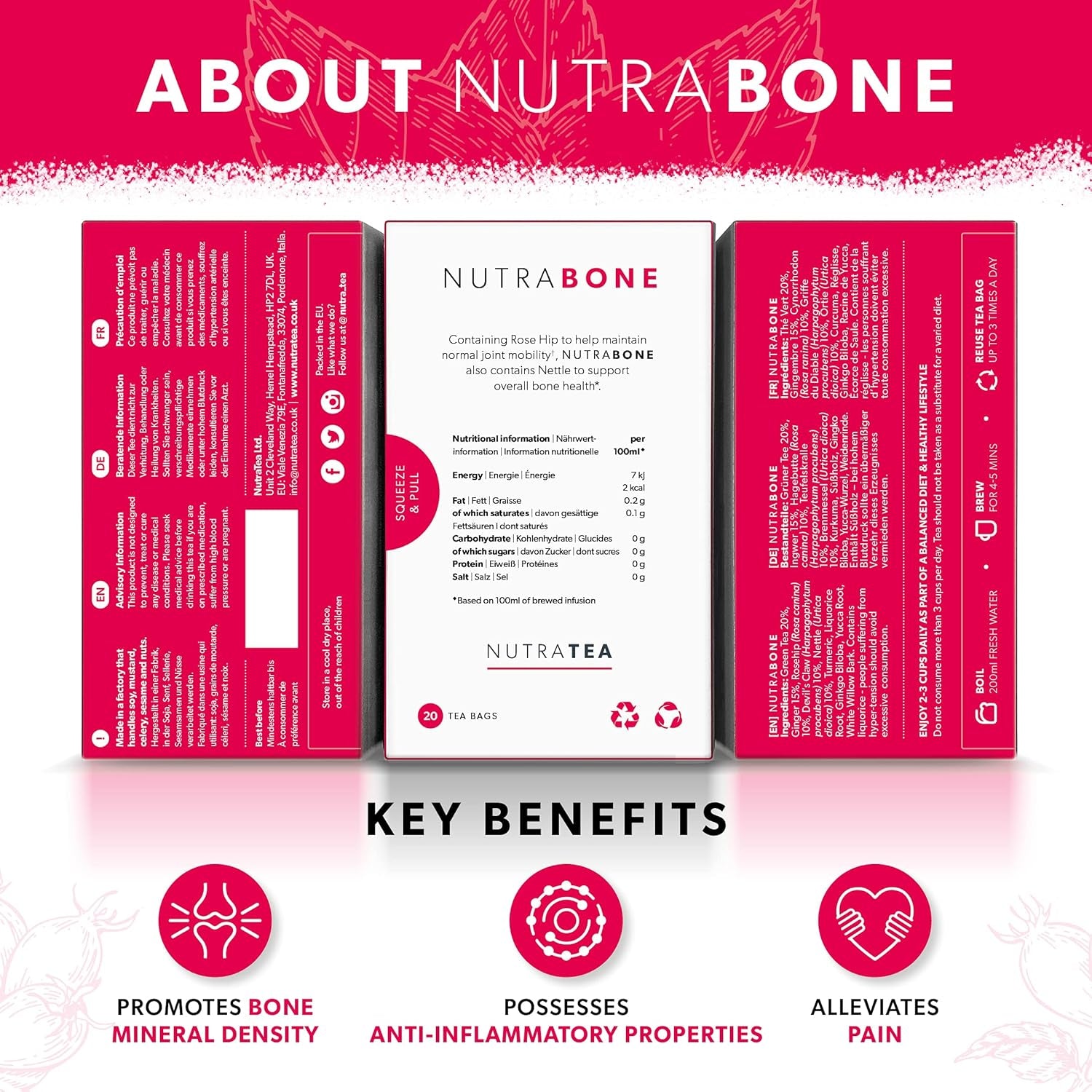NUTRABONE - Bone Health Herbal Tea | Bone Strength Tea - Helps Maintain Bone Density & Joint Care with Ginkgo Biloba, Rosehip & Devil'S Claw - 20 Enveloped Tea Bags - by Nutra Tea