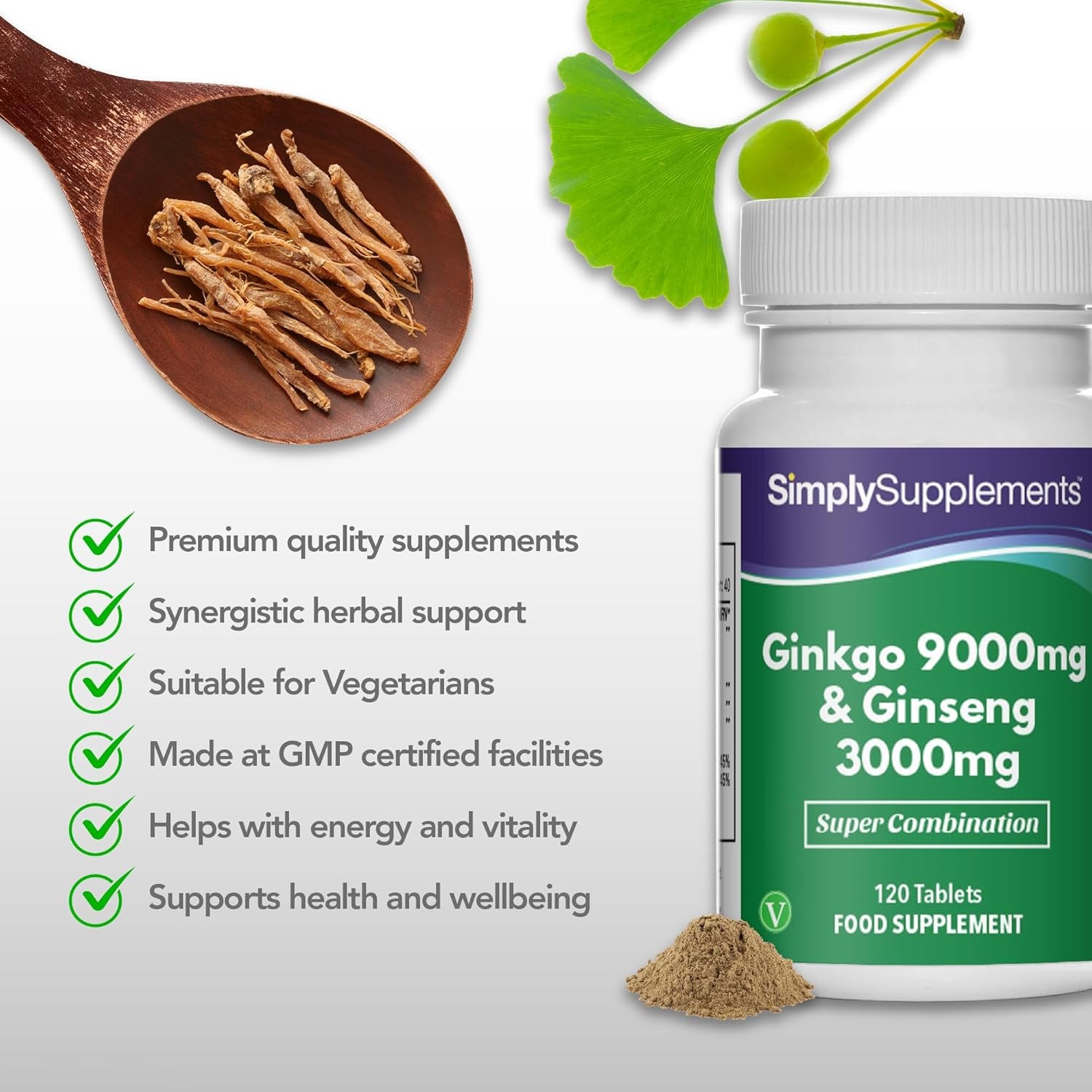 Ginkgo 9,000Mg & Ginseng 3,000Mg | Supports Mental Performance & Helps with Circulation | Vegan & Vegetarian Friendly | 120 Tablets | Manufactured in the UK