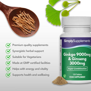 Ginkgo 9,000Mg & Ginseng 3,000Mg | Supports Mental Performance & Helps with Circulation | Vegan & Vegetarian Friendly | 120 Tablets | Manufactured in the UK