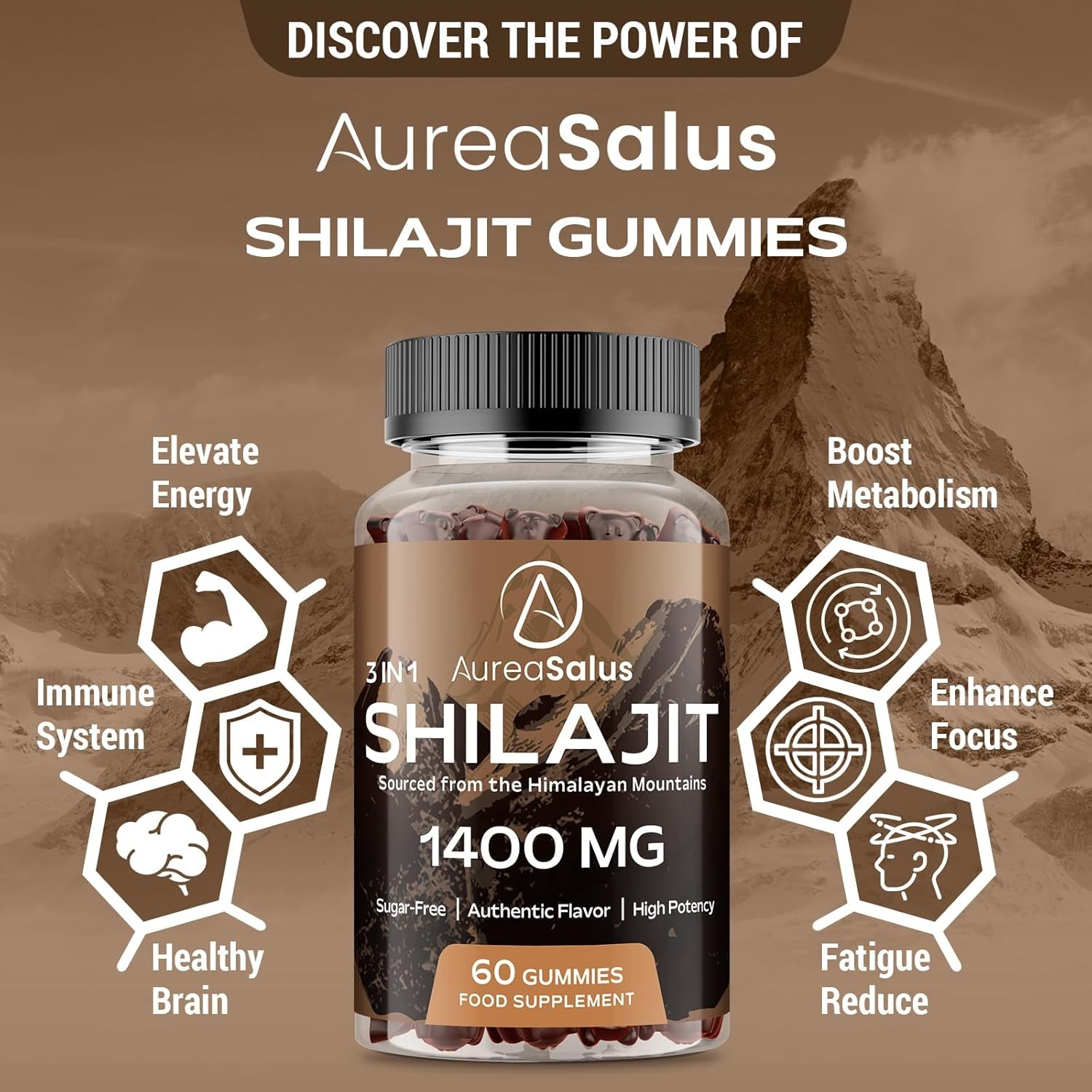 Shilajit Gummies 1400Mg, Shilajit Supplement with Chaga and Ashwagandha, Original from Himalayan with Fulvic & Humic Acid and 85+ Minerals, for Energy, Immunity & Focus, Sugar-Free, 60 Gummies