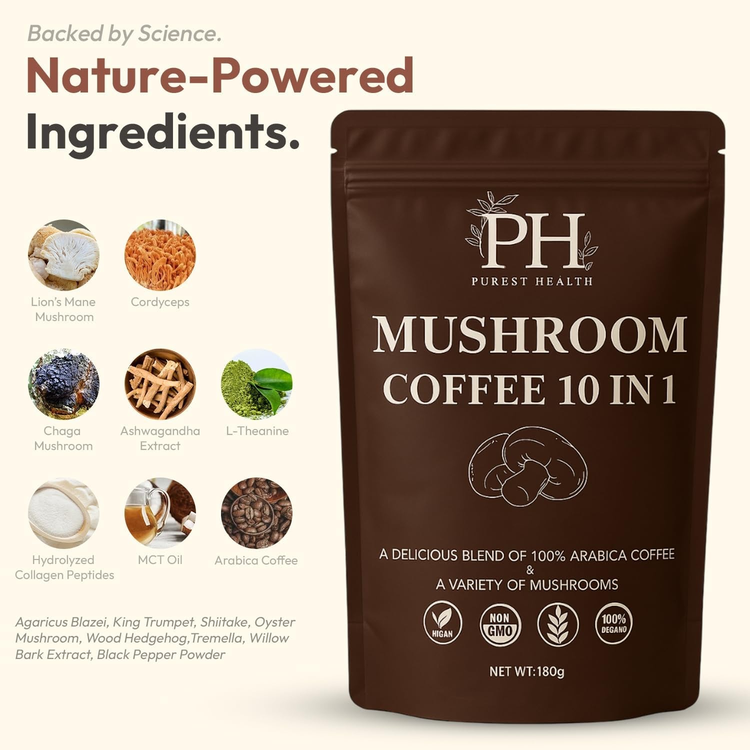 Purest Health Mushroom Coffee - 10 Mushroom in 1 Advanced Blend - Premium Arabica Coffee with Lions Mane, Maca and Ashwagandha - Vegan & Non-Gmo, 180G, 36 Servings