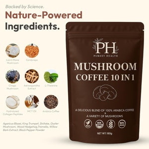 Purest Health Mushroom Coffee - 10 Mushroom in 1 Advanced Blend - Premium Arabica Coffee with Lions Mane, Maca and Ashwagandha - Vegan & Non-Gmo, 180G, 36 Servings