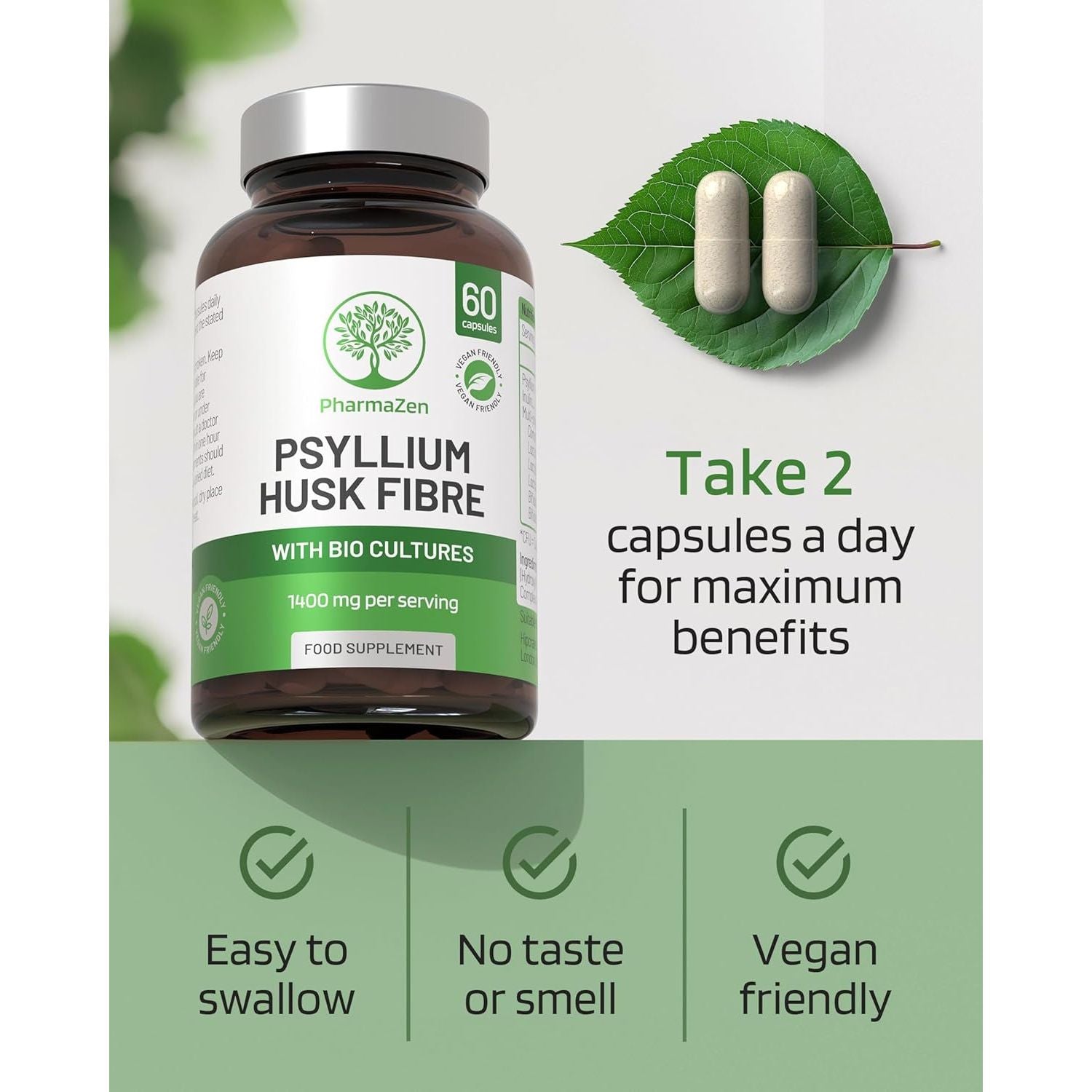 Psyllium Husks Capsules with Probiotics - High Fibre Supplement 1400Mg - Soluble Fiber Tablets High Strength - 60 Capsules - Pure Psyllium Husk & 6B Acidophilus Probiotic Complex for Digestive Support