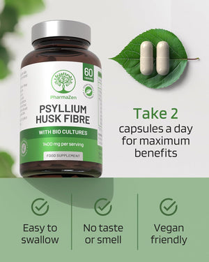 Psyllium Husks Capsules with Probiotics - High Fibre Supplement 1400Mg - Soluble Fiber Tablets High Strength - 60 Capsules - Pure Psyllium Husk & 6B Acidophilus Probiotic Complex for Digestive Support