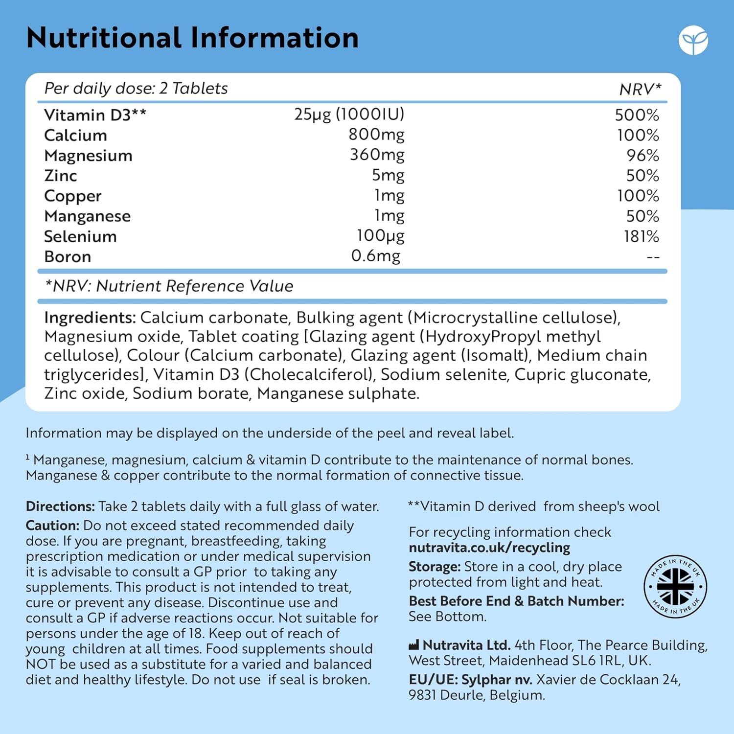 Calcium Magnesium & Zinc with Vitamin D D3 Copper Selenium Boron and Manganese - 365 Tablets - Nutravita