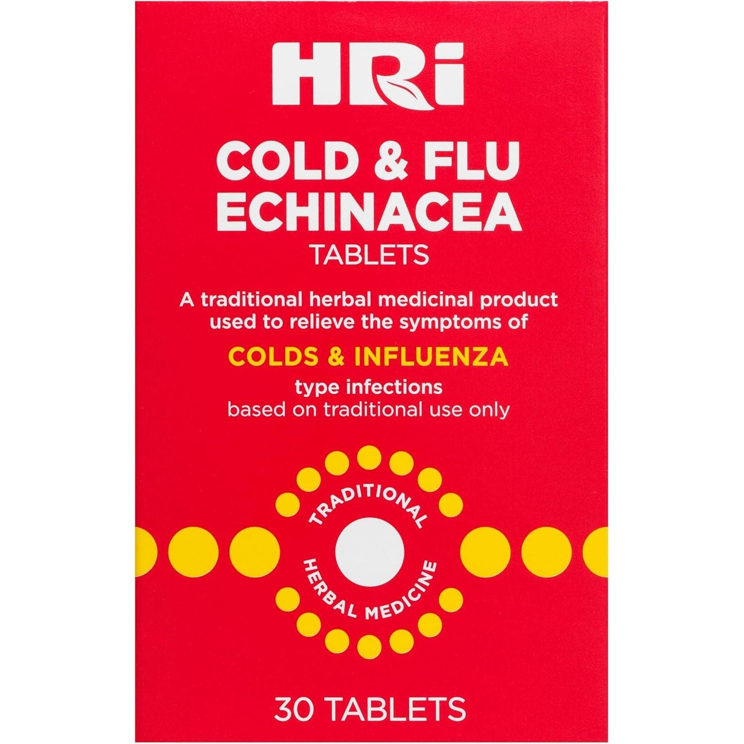 HRI Cold and Flu Echinacea - 30 Tablets. to Relieve the Symptoms of Colds and Flu Type Infections. 338 to 450 Mg of Echinacea Purpurea. 1 Pack