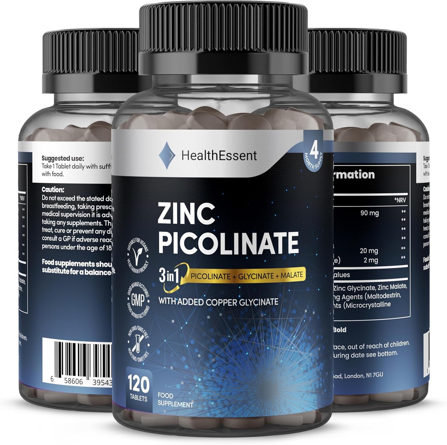 Zinc Picolinate 3-In-1, High Strength 92Mg - Zinc Picolate, Glycinate and Malate with Added Copper Glycinate - Immune Support, Hair, Skin & Nails - (4 Month Supply) - 120 Tablets by Healthessent
