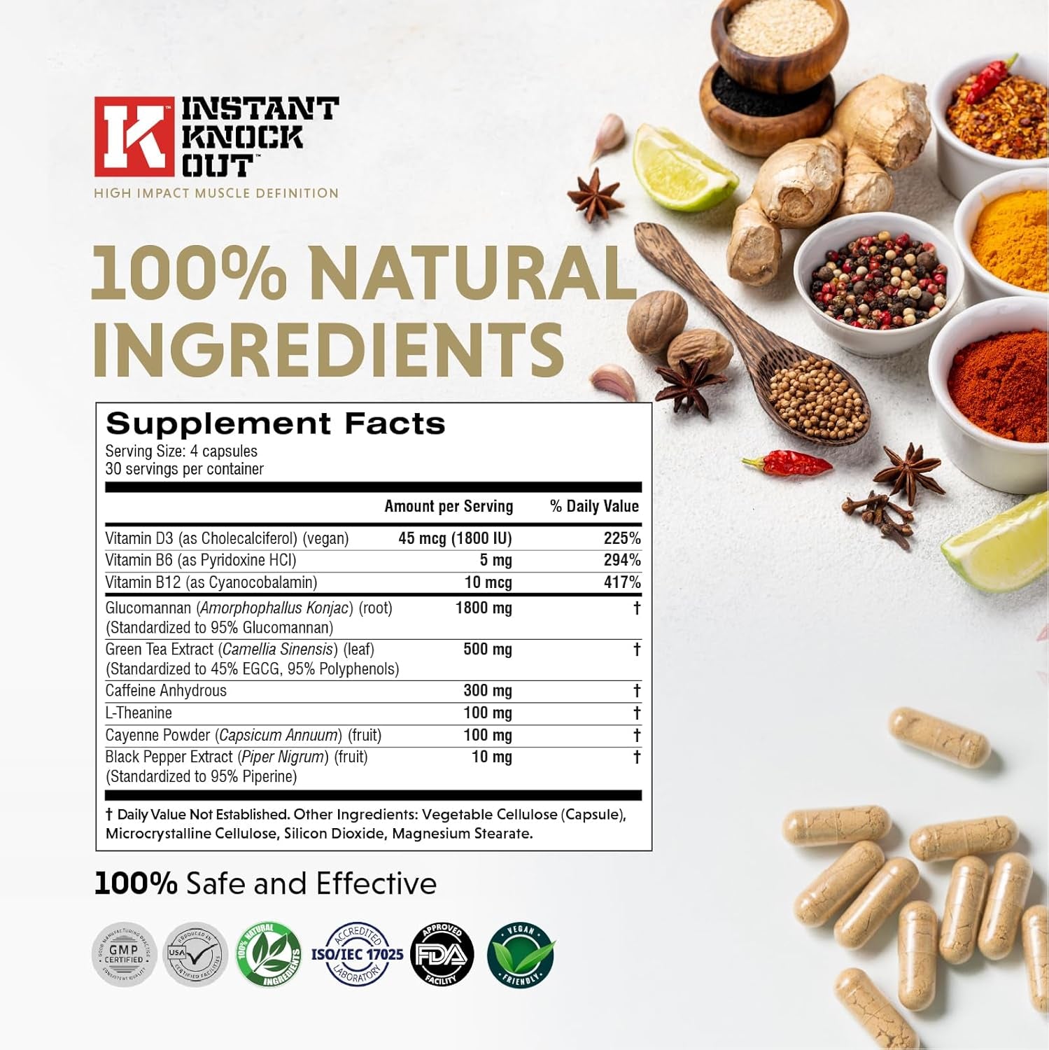 Instant Knockout Cut - 120 Weight Management Diet Pills - Men and Women -100% Natural Ingredients with Glucomannan, Green Tea Extract, Cayenne Pepper Seeds and More - UK Made Premium Supplement