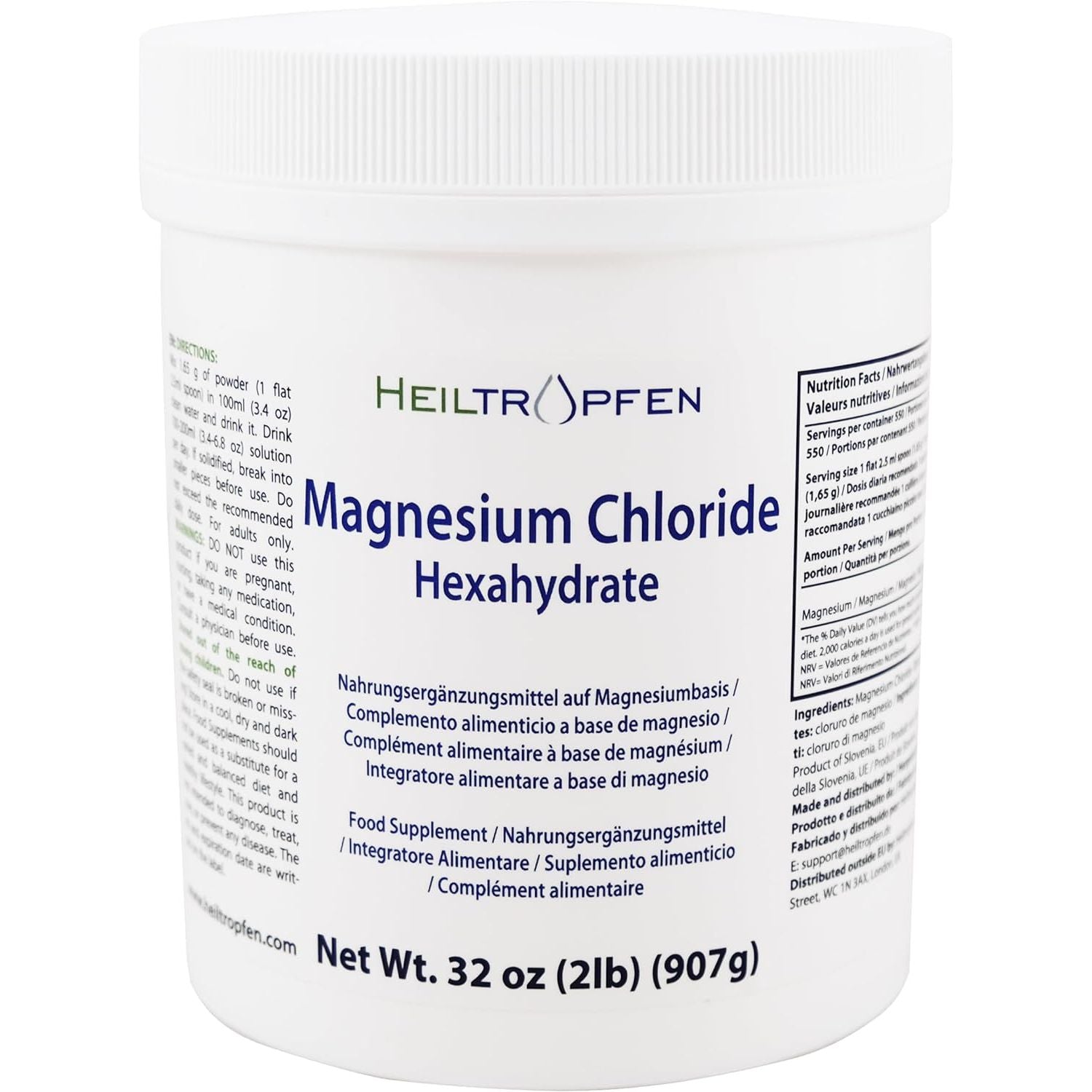 2 Pounds / 907 G Magnesium Chloride Powder | Hexahydrate | Pharmaceutical Grade Ingredients | Crystal Powder | Pure Ph. EUR., BP, USP, 100% - Muscle Pain Relief | Heiltropfen®
