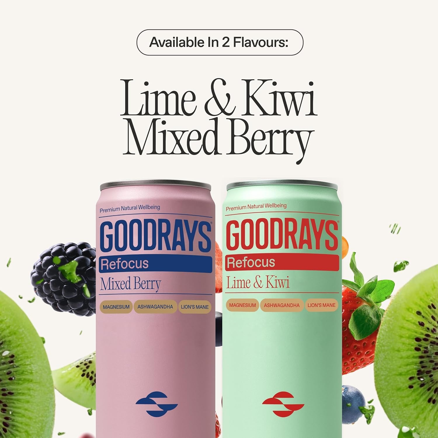 Goodrays Refocus, Sparkling Functional Drink with Magnesium Citrate, Lion'S Mane Mushroom, Ashwagandha and Vitamin D, Low Calorie, Mixed Berry, 12 X 250Ml, Packaging May Vary