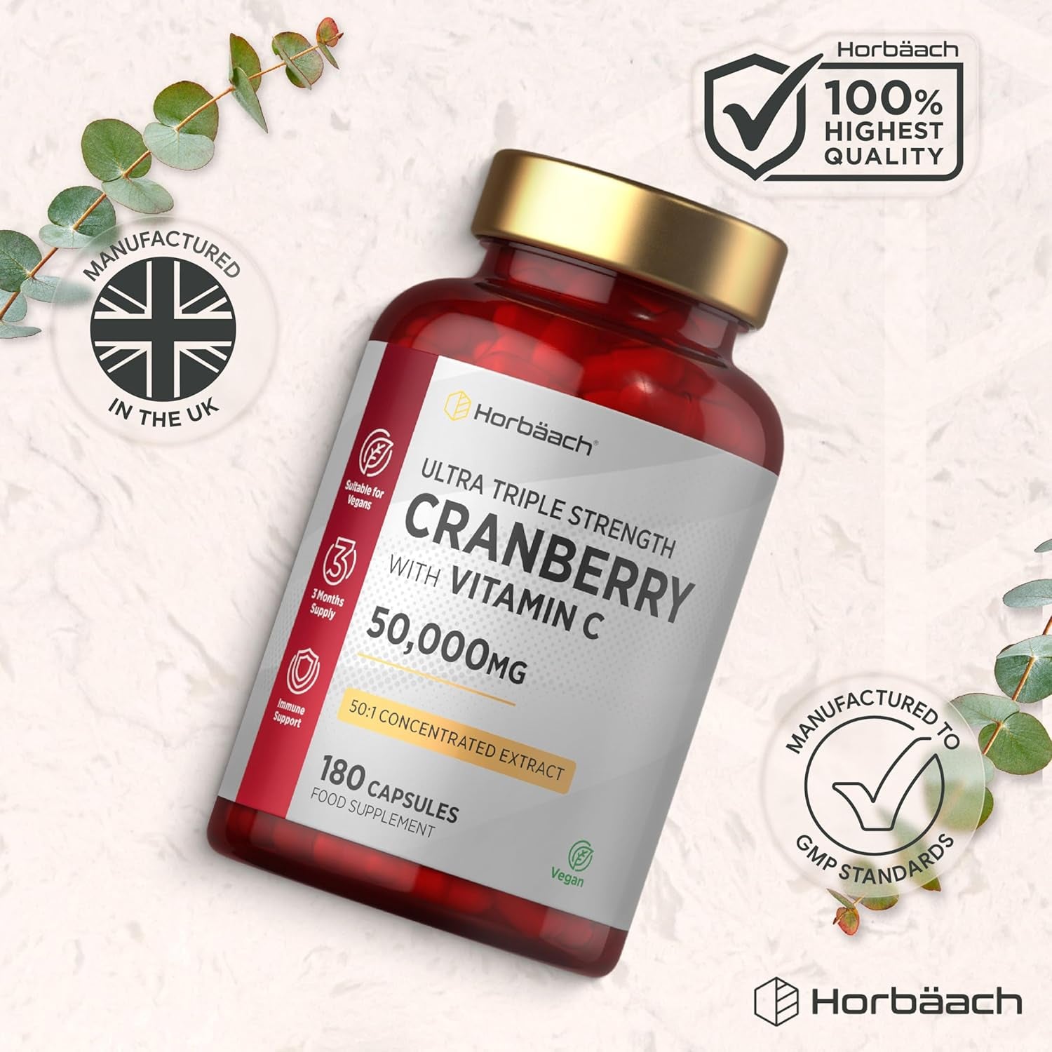 Cranberry Capsules 50,000 Mg | High Strength Cranberry Extract with Vitamin C | 180 Vegan Capsules | Supplement for Women & Men | by Horbaach