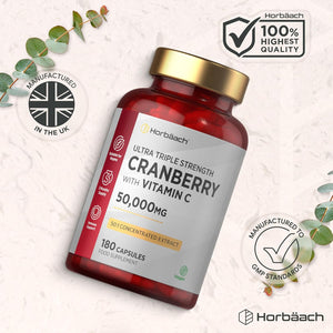 Cranberry Capsules 50,000 Mg | High Strength Cranberry Extract with Vitamin C | 180 Vegan Capsules | Supplement for Women & Men | by Horbaach