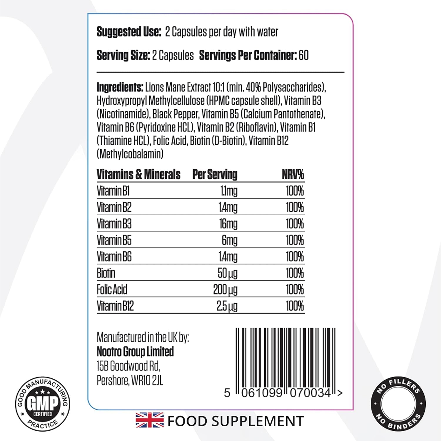 Nootro Labs Essentials Lion'S Mane Capsules (60 Servings), 10000Mg Lions Mane Supplement with Vitamin B Complex to Support Focus and Brain Function