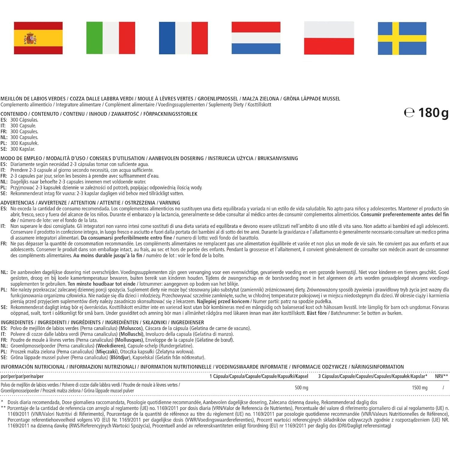 Green Lipped Mussel 1500Mg- Omega 3 & Glycosaminoglycanes- 300 Capsules Pure New Zealand Green Lipped Mussel Powder - Supplement for Cartilage and Joints - German Quality