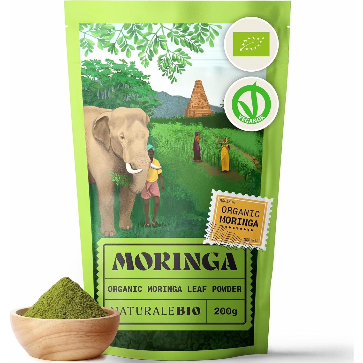 Naturalebio Organic Moringa Powder - Premium Quality - 200G. Bio, Natural and Pure. Leaves Picked from the Moringa Oleifera Plant for Tiredness, Immune System, Muscle Function, Fatigue