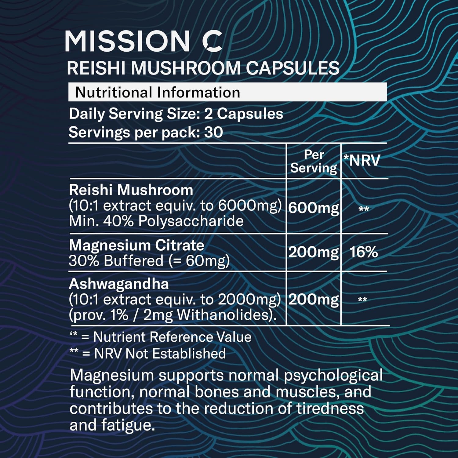 Reishi Mushroom Capsules 6000Mg with Added Magnesium and Ashwagandha | Nootropic Supplement for Sleep, Relaxation, Calm | 60 Two-A-Day Vegan Capsules - Mission C Reishi, Vegan