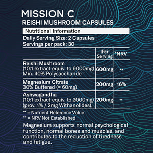 Reishi Mushroom Capsules 6000Mg with Added Magnesium and Ashwagandha | Nootropic Supplement for Sleep, Relaxation, Calm | 60 Two-A-Day Vegan Capsules - Mission C Reishi, Vegan