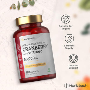 Cranberry Capsules 50,000 Mg | High Strength Cranberry Extract with Vitamin C | 180 Vegan Capsules | Supplement for Women & Men | by Horbaach