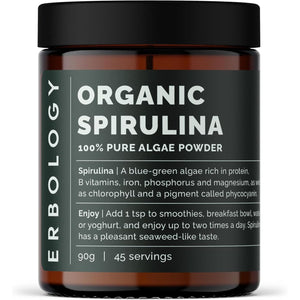 Erbology Organic Spirulina Powder 90G - 45 Servings - Sustainably Sourced in Portugal - Energy and Immunity Support - Rich in Chlorophyll, B Vitamins, Iron and Phosphorus - Vegan - Gmo-Free