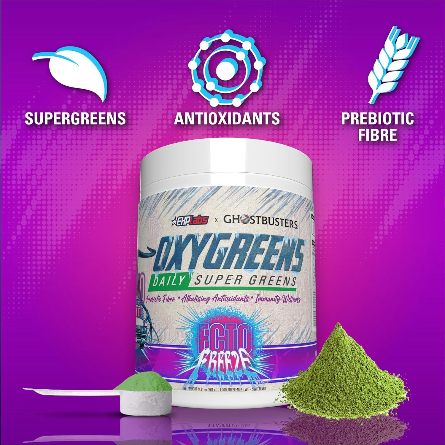 Ehplabs X Ghostbusters Frozen Empire: Oxygreens Super Greens Powder Superfood - Spirulina & Greens Supplement W/Prebiotic Fibre, Antioxidants & Immunity Support. Ecto Freeze (Grape Lollipop) 30 Serve