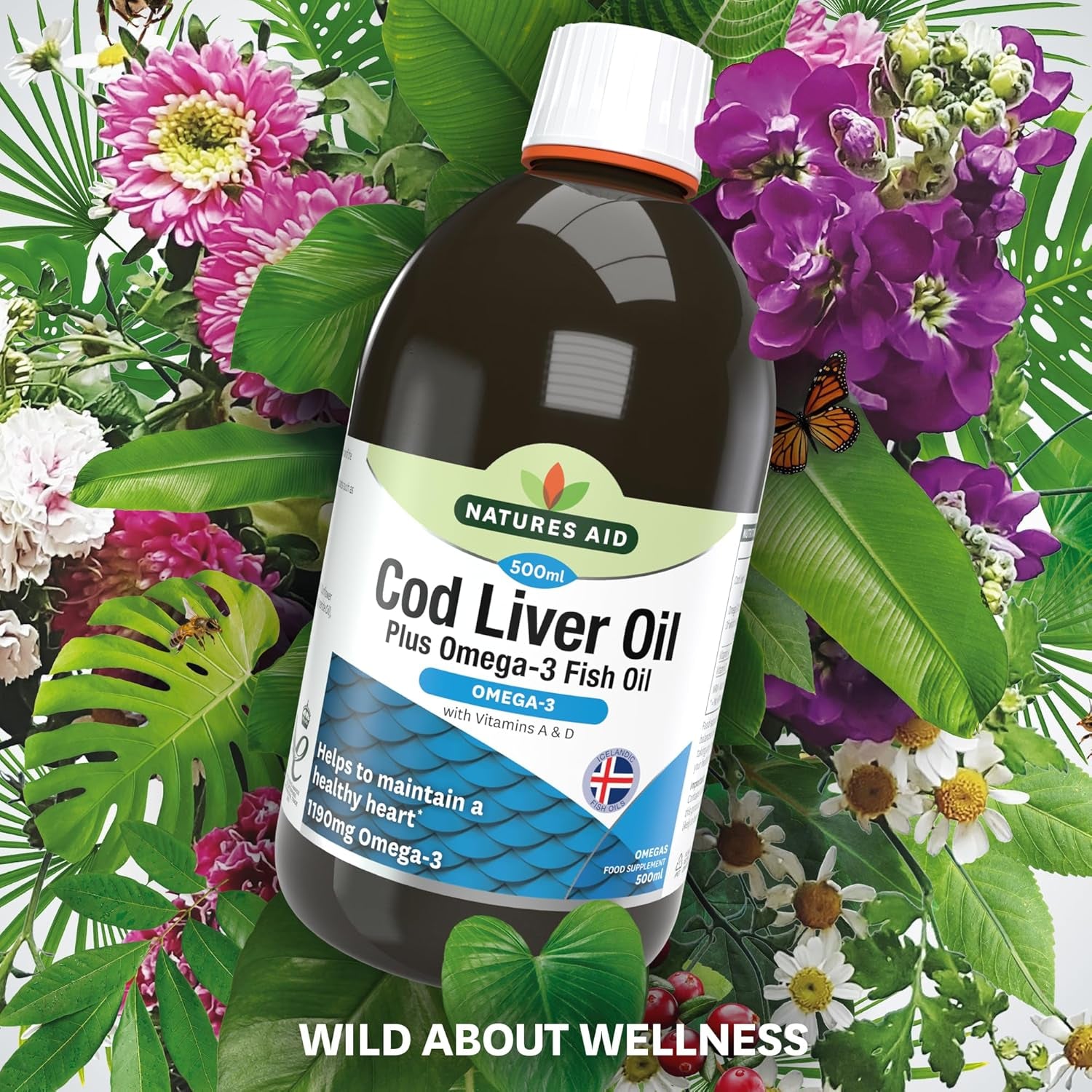 Natures Aid Cod Liver Oil Liquid 500Ml - High Strength Omega-3 Fish Oil with Vitamins a & D - Supports Immune System Heart Health Brain Function and Vision - Non-Gmo - Purity Guaranteed